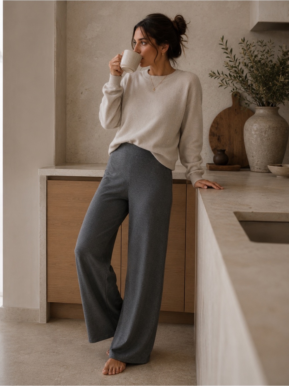 Ann Taylor Wool Blend Wide Leg Knit Pants Grey XS Minimalist Quiet Luxury Chic